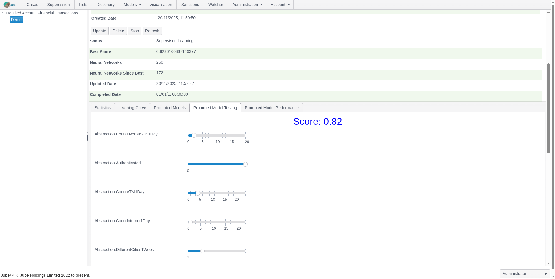 Score model testing results in open source AML and fraud detection software